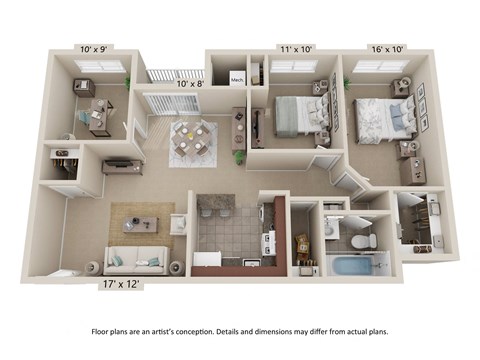 Floor plan for 2 beds, 1 bath, 1079 sqft